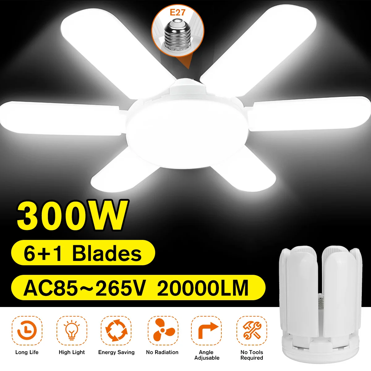 

300W 6 Blades Deformable Industrial Garage Light Ceiling Lights High Bay Industrial Lamp for Workshop EU Warehouse E27 AC85-265V
