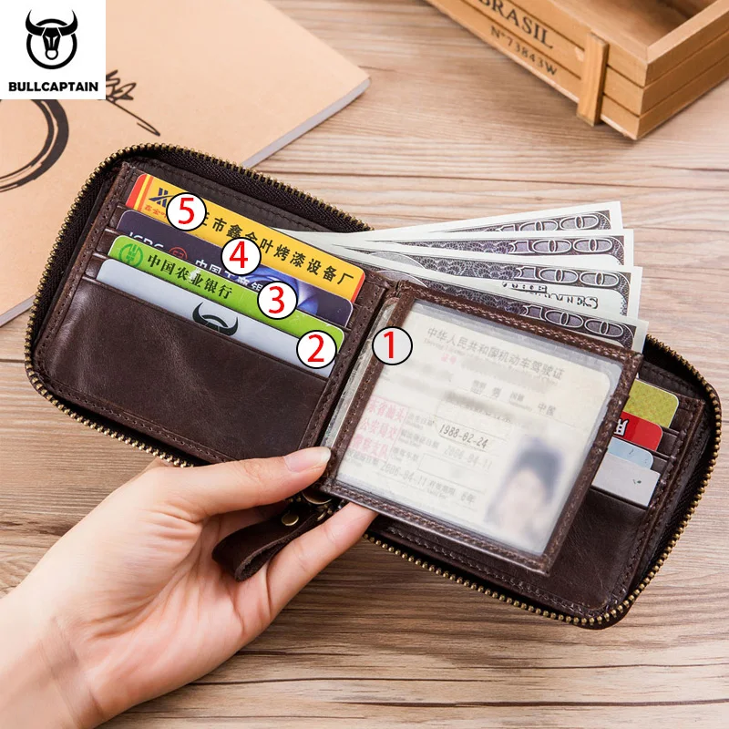 BULLCAPTAIN мужской кошелек из кожи RFID, брендовый кошелек, Ретро стиль, мужской короткий кошелек для монет, кошелек на молнии, держатель для карт, кошелек