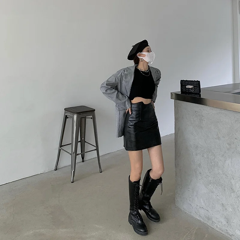 White Pattern Leather Skirt Women's Autumn Winter High Waist Petite Hip line Rac | Женская одежда