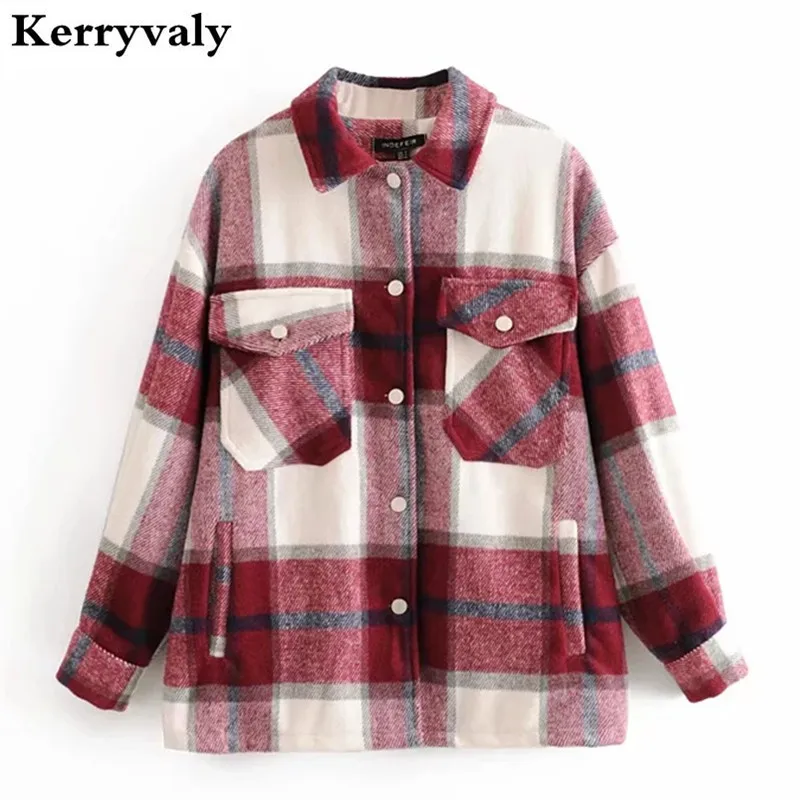 

Winter Classic Plaid Tweed Woolen Loose Shirt Jacket Women Long Sleeve Plus Size Women Clothing Harajuku Fashion K2925