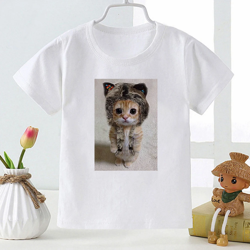 

Kawaii Animal Cat Aesthetic Tee shirt Enfant Fille High Quality Summer White Tops Short Sleeve Kids Shirt Children Clothes