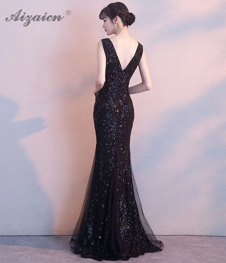 Черные вечерние платья с глубоким v-образным вырезом Qipao Promtion Cheongsam современные Вечерние платья Русалка Qi Pao женское китайское платье халат