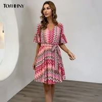 tosheiny 2022 summer striped belted women short dress ruffle sleeve v neck elegant casual vestidos holiday pink dresses