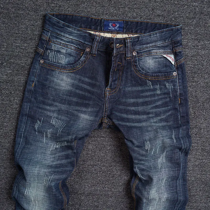 European Vintage Fashion Men Jeans Retro Dark Blue Elastic Slim Fit Ripped Jeans Men Scratch Designer Casual Cotton Denim Pants