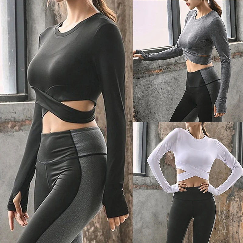 

2020 Long Sleeve Running Shirts Women Sexy Exposed Navel T-shirts Quick Dry Fitness Gym Crop Tops Solid Sports Shirts