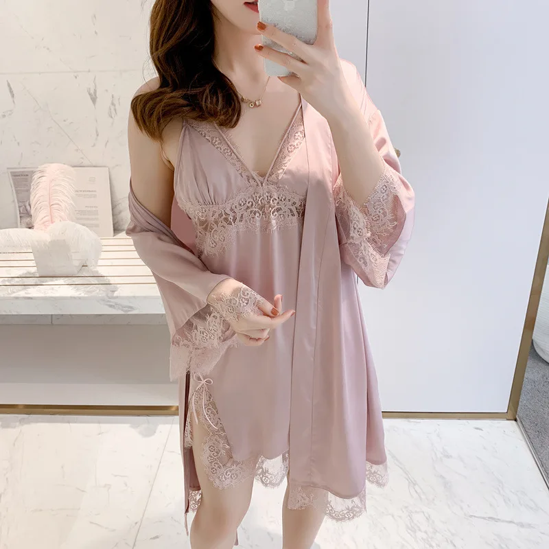 

Для женщин, одежда для сна, комплект из 2 предметов, свободный комплект для девочек ночная рубашка ночнушка из искусственного шелка кружево ...