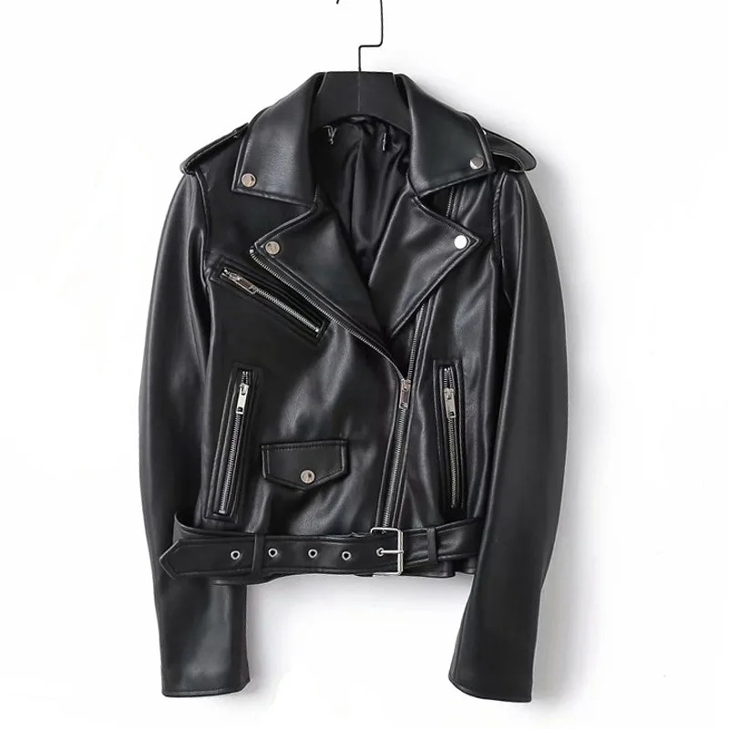 

2021 Spring Fall Soft Faux Leather Short Jacket with Belt Women Lapel Pu Leather Coat Black Zipper Moto Biker Boyfriend Outwear