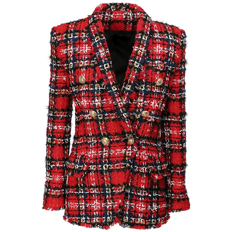 

HIGH QUALITY Newest 2021 Designer Jacket Women's Double Breasted Lion Buttons Shawl Collar Tassel Fringed Plaid Tweed Blazer