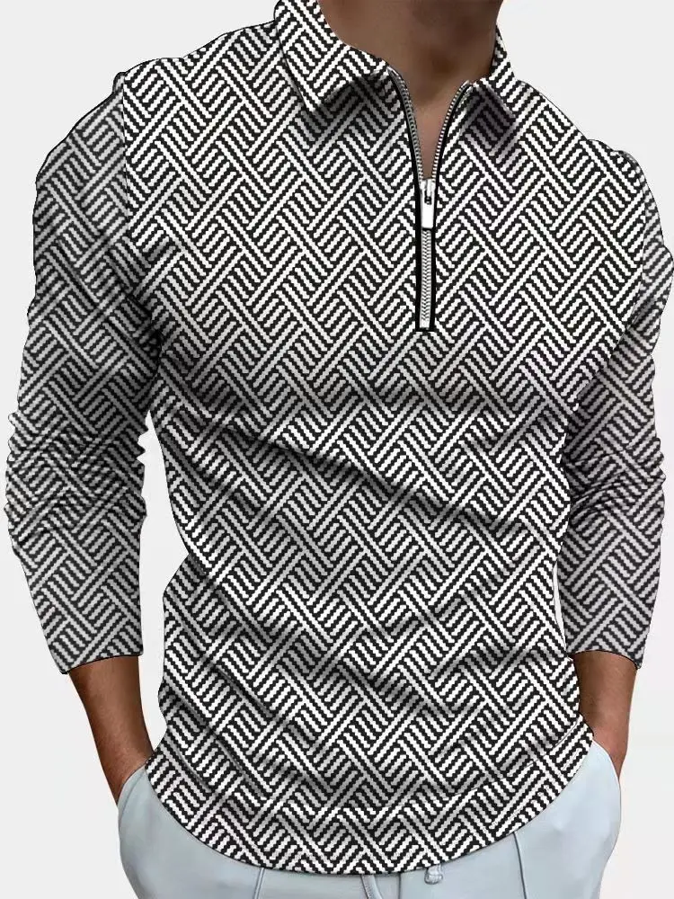 

Men's Fall Casual Zip-up Polo Shirt Men Long Sleeve Lapel Cellular Retro Cellular Shirt Polo Shirt,2021 Men's Slim Tops US Size