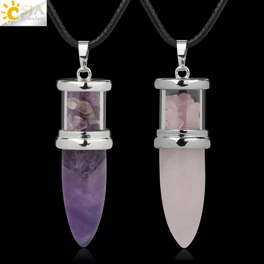 CSJA ожерелье в форме пули с искусственным розовым кварцем и фиолетовым кристаллом