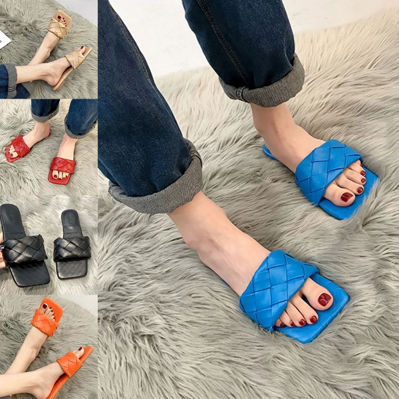 

New Fashion Weave Slippers Sliders Women Square Toe Flat Summer Flip Flops Summer Braided Slip On Mule Slide Sandal