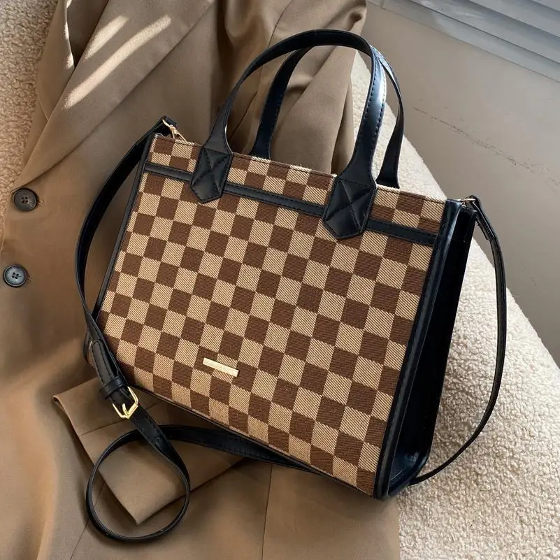 

Retro Plaid Crossbody Handbag Totes Women Casual PU Leather Shoulder Purse Female Portable Travel Messenger Top-handle Bag