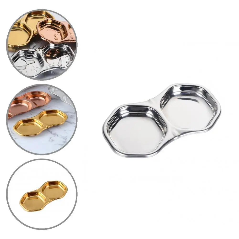 

Safe Seasoning Dish Compact Stainless Steel Hexagon Shape 2-compartment Seasoning Tray Snack Plate Sauce Tray
