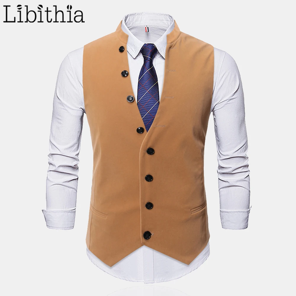 Мужской однотонный костюм жилет с воротником стойкой на пуговицах Повседневный