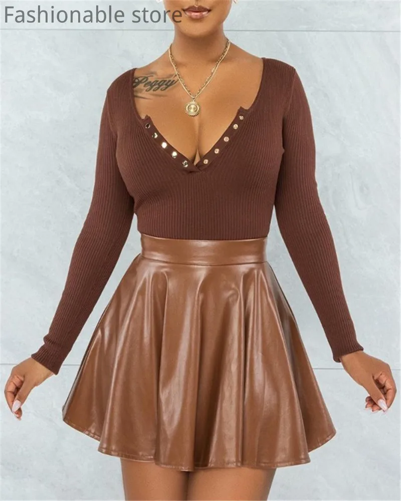 

Women Solid Color Ribbed Long Sleeve Top And Hgigh Waist PU Leather Ruched Skirt 2 Piece Sets