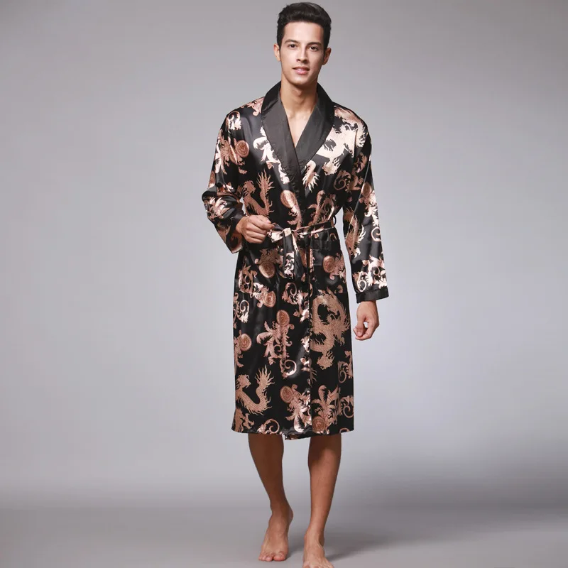 

Men Silk Summer and Autumn Satin Kimono Bathrobe Golden Dragon Knee Length Long Sleeve Black Bath Robe Dressing Gown Sleepwear