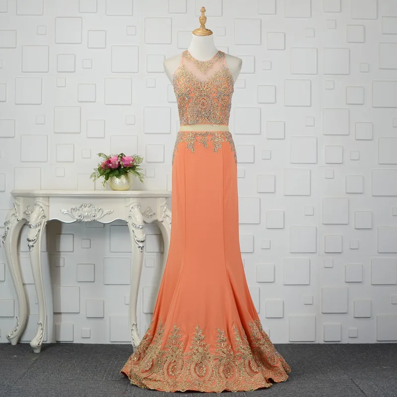 Дизайнерские Вечерние платья Драгоценности с вышивкой длинное оранжевое платье