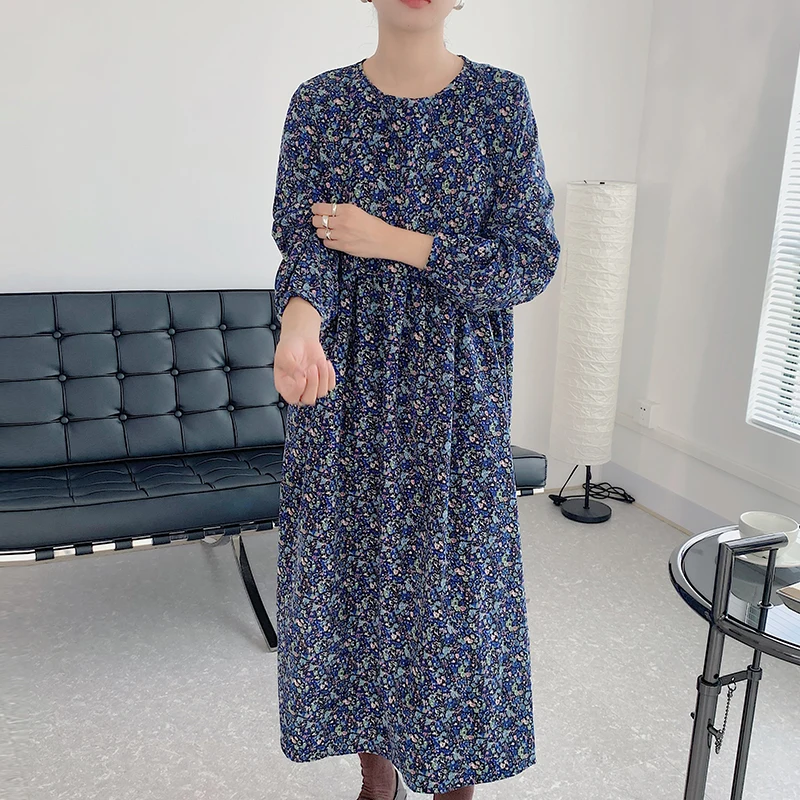 Осеннее богемное женское платье с цветочным принтом повседневное зеленое/синее