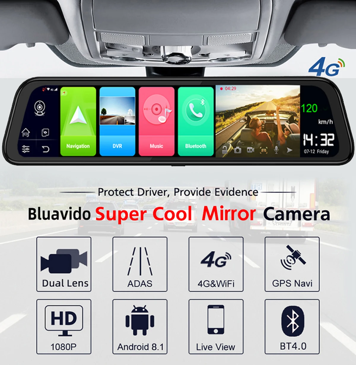 Bluavido 1" ips зеркало заднего вида Автомобильная камера 4G Android 8,1 gps навигация 2G ram 32G rom ADAS FHD 1080P видеорегистратор