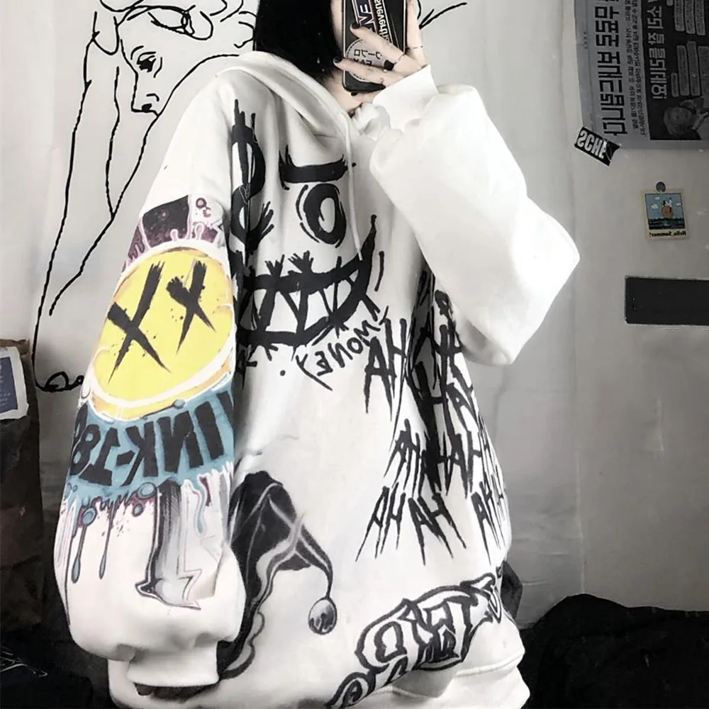 

Свитшот женский в стиле Харадзюку, худи в готическом стиле с японским мультяшным принтом, худи в стиле оверсайз в стиле панк, уличная одежда ...