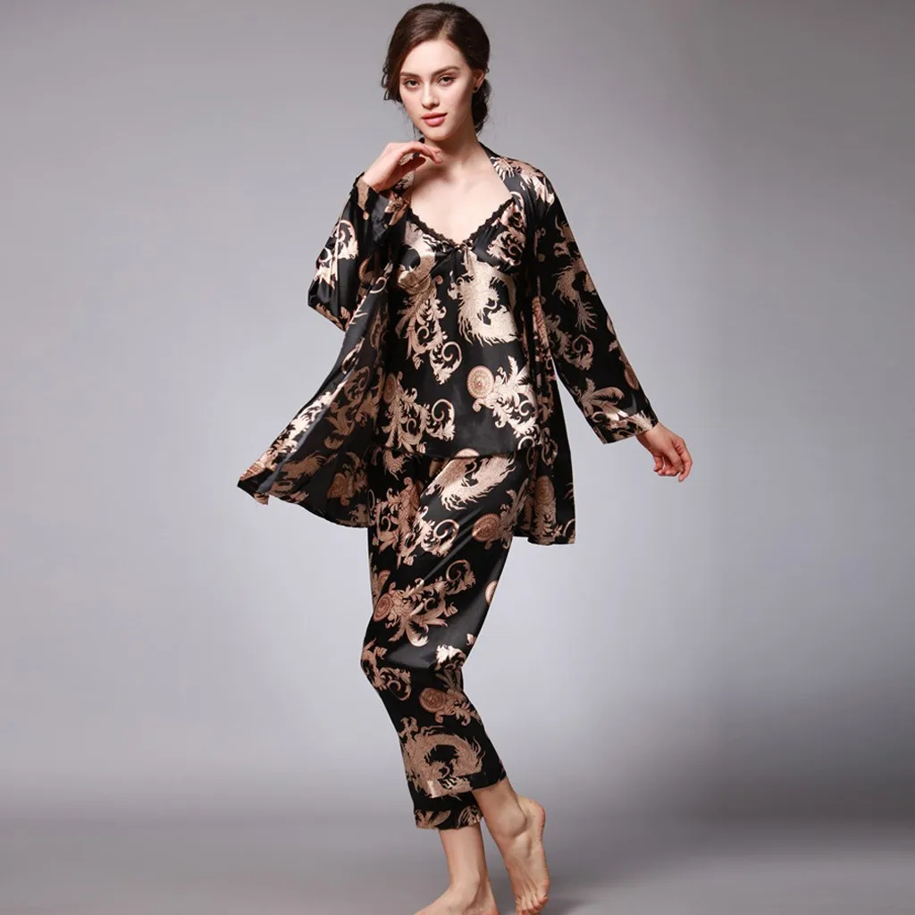 Женский пижамный комплект из 2 предметов шелковые пижамы с принтом трех длинными