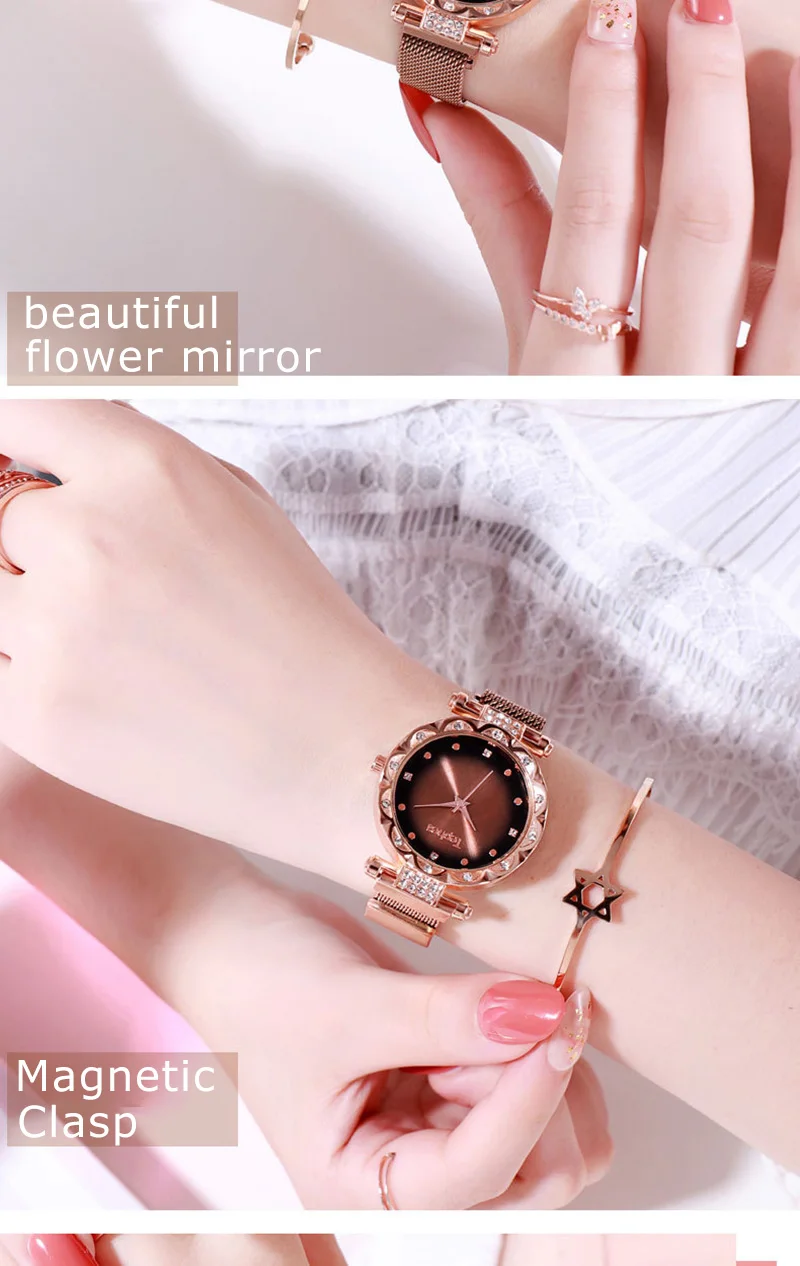Women Watches Luxury Rose Gold Ladies Wrist Watches Starry Sky Magnetic Watch Mesh Strap Waterproof Clock relogio feminino xfcs