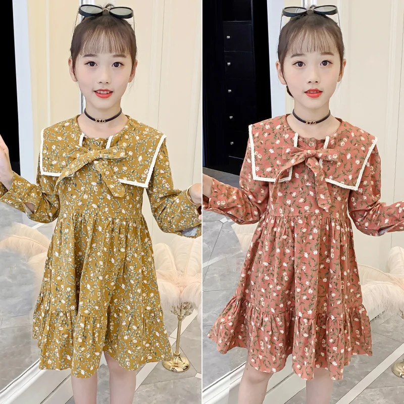 

Girls Floral Dress Autumn New Style 2021 Long-sleeved Cotton Skirt Sanded Thickened College Style Dress