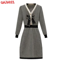 autumn winter knitted cotton striped v neck mini dress women korean vintage casual dress 2022 elegant bodycon office lady dress