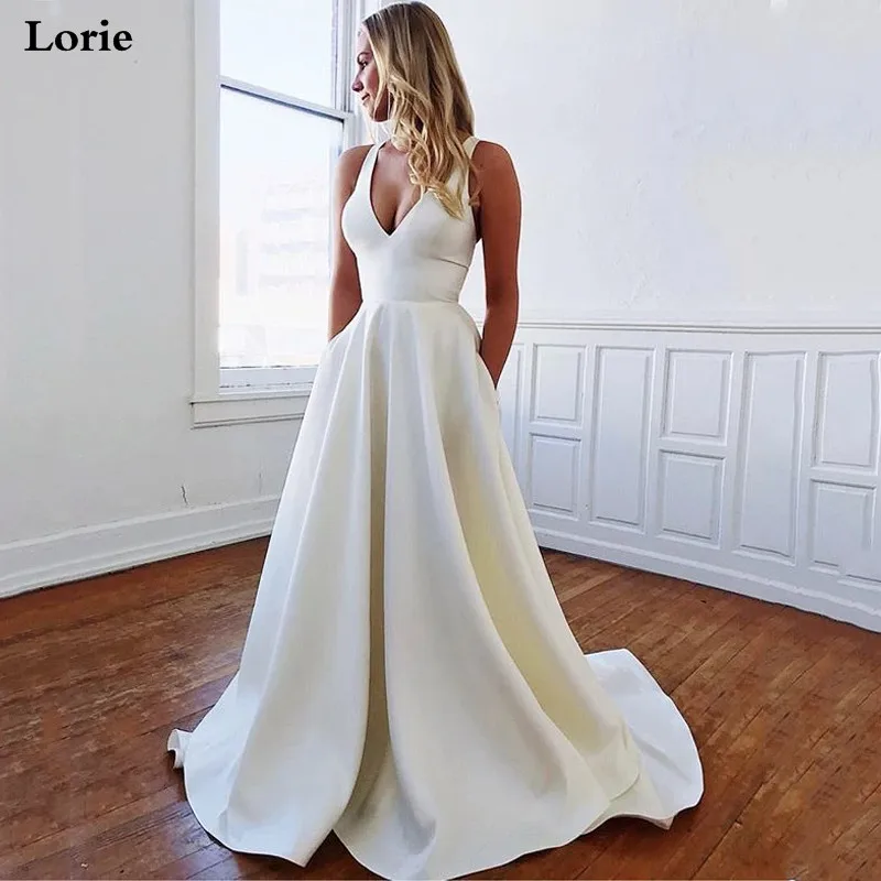 

Атласные свадебные платья Lorie А-силуэта, женское платье с V-образным вырезом, свадебные платья с большим бантом, 2020