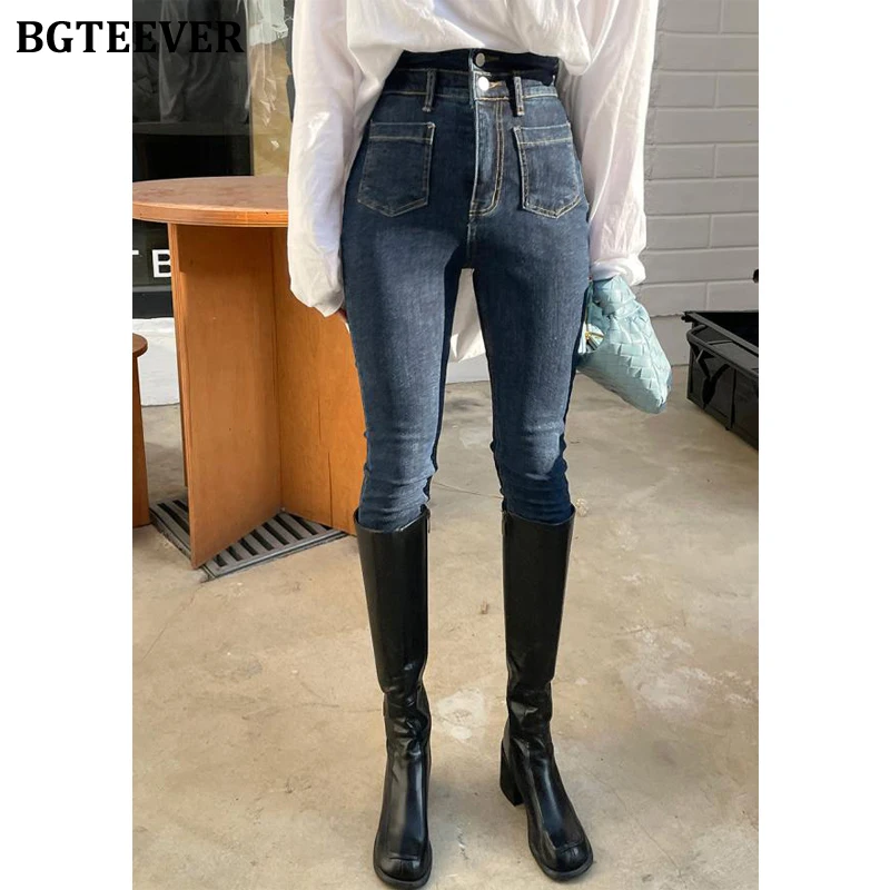 

BGTEEVER Stylish Female Skinny Pencil Jeans High Waist Pockets Stretchy Women Denim Trousers 2022 Spring Ladies Pantalon