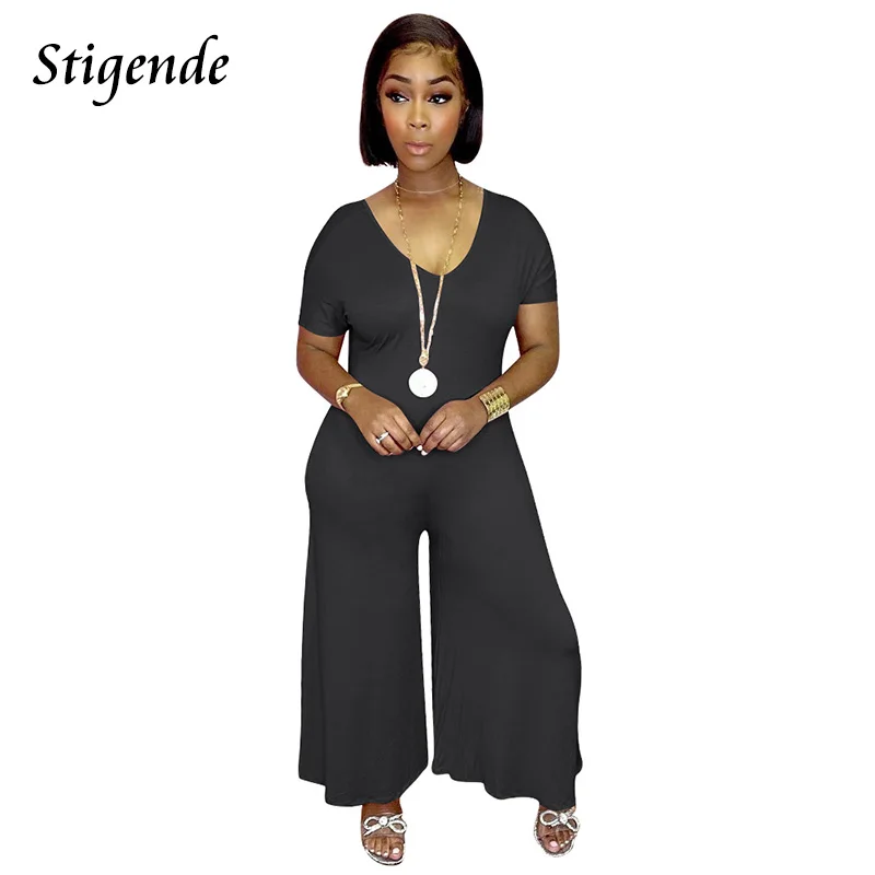 

Stigende Solid Color V Neck Loose Jumpsuit Women Casual Bodycon Pocket Overalls Summer Casual Wide Leg One Piece Pants
