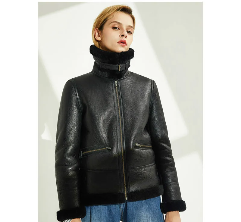 Fur One New Women Genuine Leather Jacket High Quality Shearling Coat Sheepskin Flight Women's Short Winter | Женская одежда