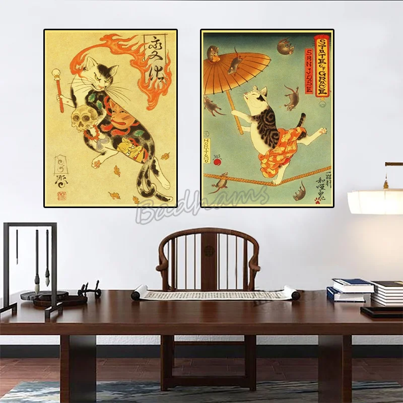 ВИНТАЖНЫЙ ПЛАКАТ из крафт-бумаги японская Татуировка самурая кошка картина Hd