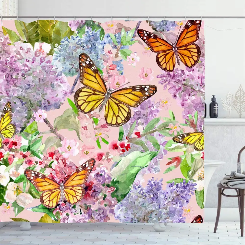 Набор душевых штор с крючками 66x72 дюйма цветочный узор листьев весенние цветные