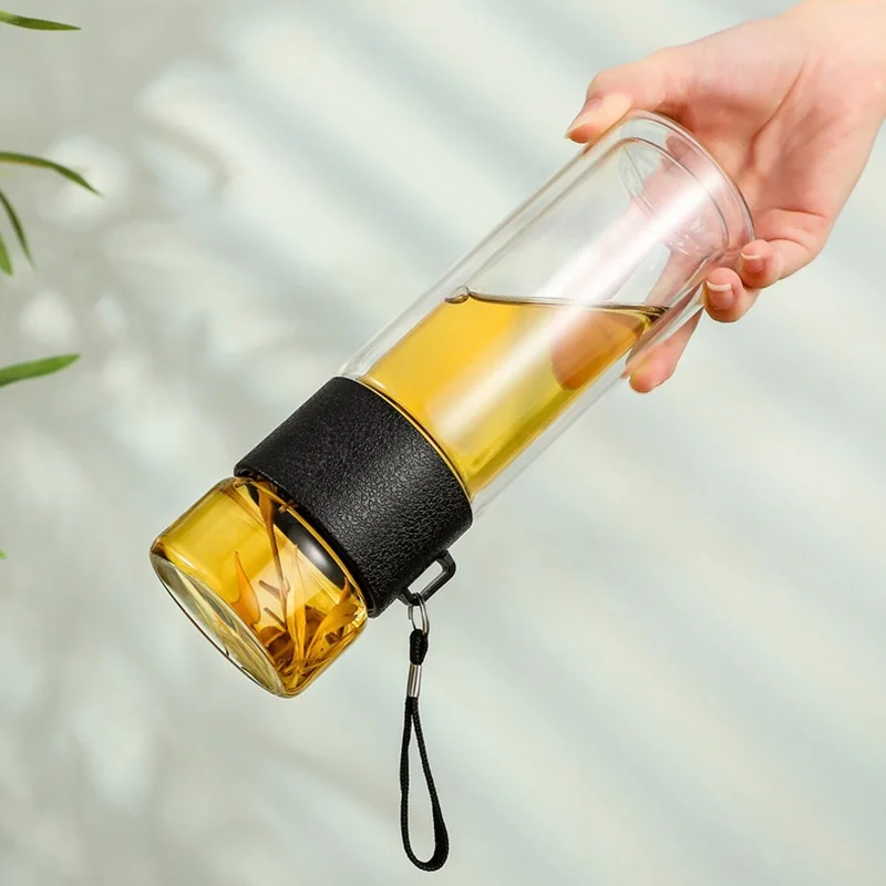 Двухслойная стеклянная бутылка для воды портативная уличная с фильтром и