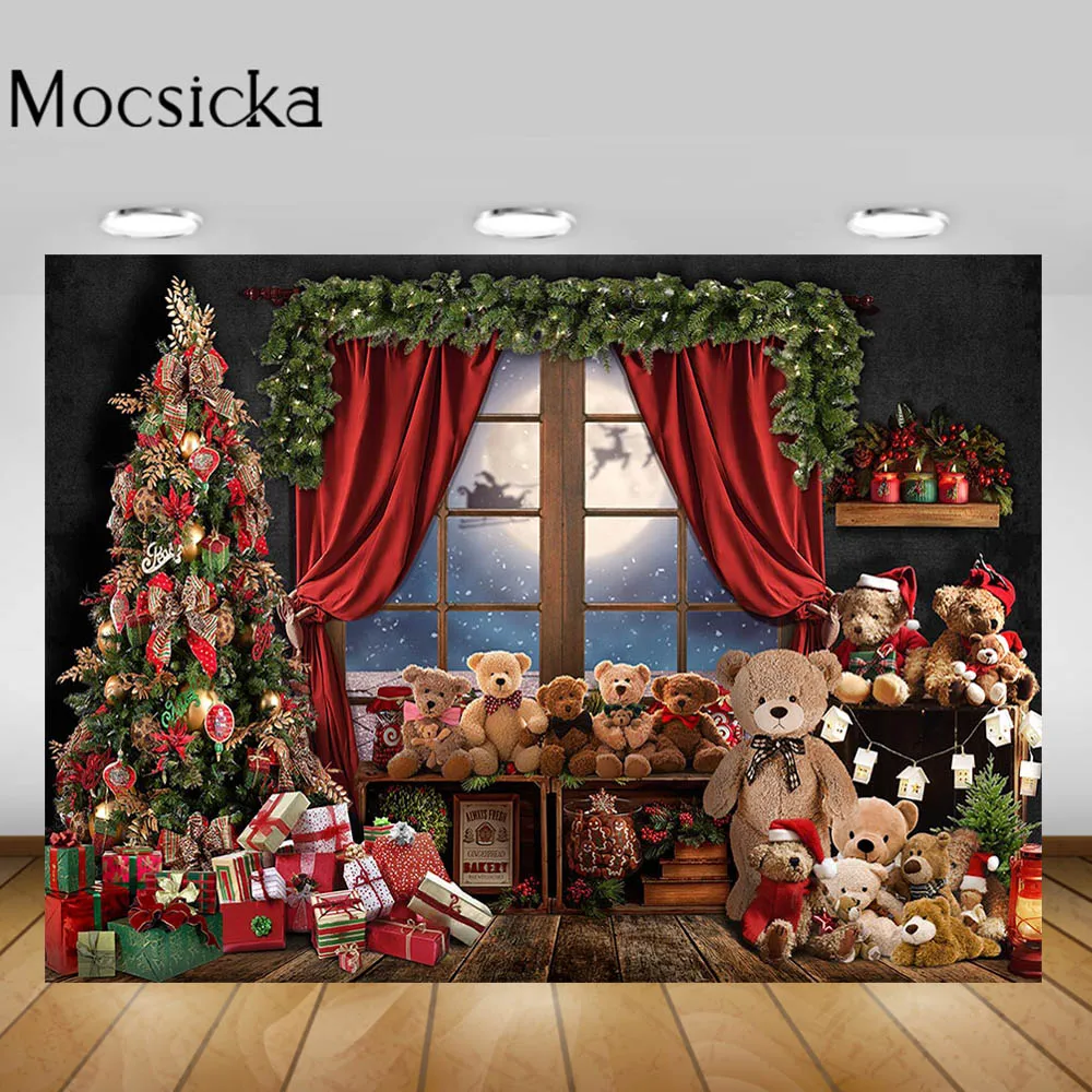 

Mocsicka Christmas Backdrop Toys Bear Xmas Tree Gifts Wood Floor Photography Backgrounds Child Portrait Photo Shoot Window Moon