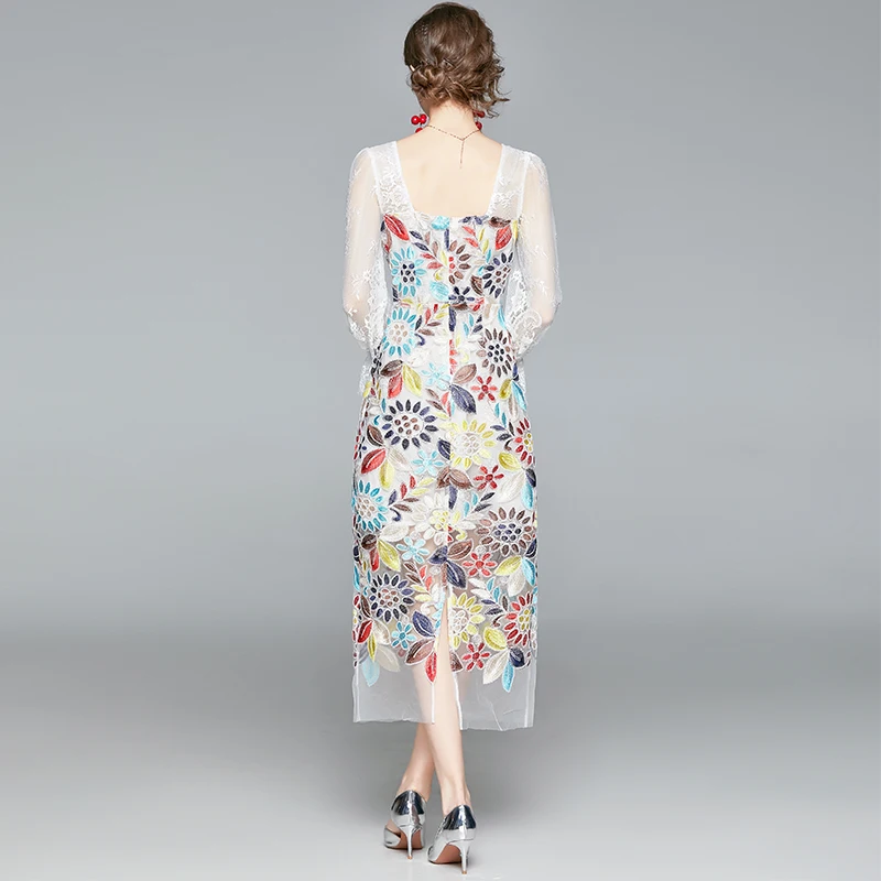 

Embroidery Dress Women Runway Flare Sleeve Square Collar Patchwork Mesh Floral Midi Dresses Vestidos Robe Femme