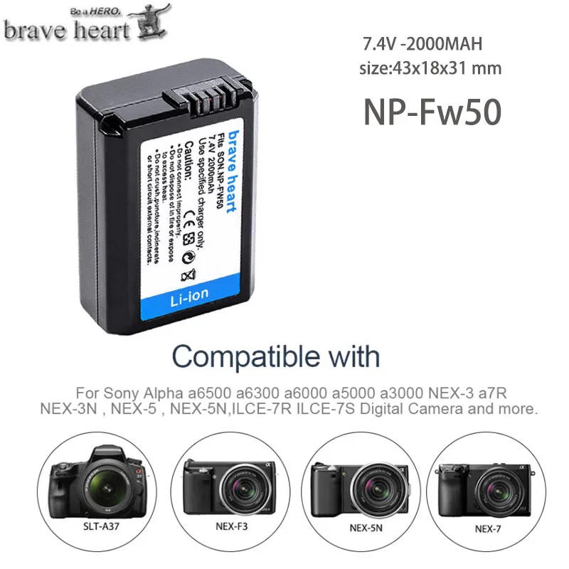 2000 мА/ч, NP-FW50 NP FW50 Батарея для sony NP-FW50 Батарея Alpha 7 a7 7R a7R фотоаппаратов моментальной печати 7S a7S a3000 a5000 a6000 NEX-3 NEX-3N NEX-5 - Цвет: 1battery