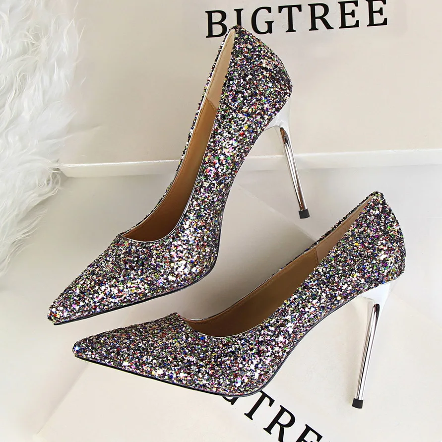 

women's shoes high heel shallow tip sparkling sequins sexy skinny nightclub heels single shoes women's pumps