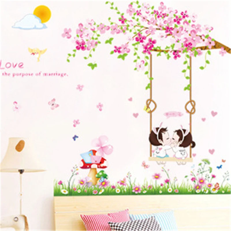 Мальчик и девочка свисающая в розовых цветах цветок дерево настенные наклейки
