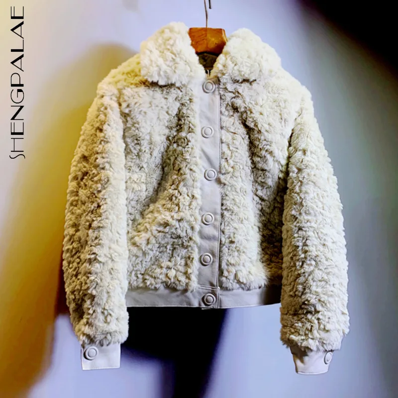 

SHNEGPALAE Streetwear Imitation Fur Jacket Women's Winter 2021 New Lapel Plush Warm Single Breatsed Long Sleeve Short Jacket