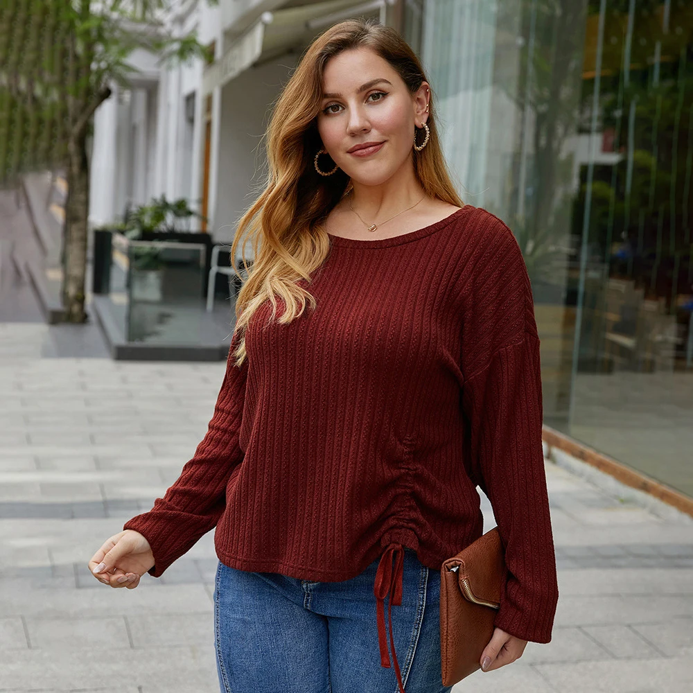 

FridayIn 2021 Autumn/Winter New Women Fashionable Loose-fitting Simple High-elasticity Pleated Cotton-blend Solid Plus Size Tops