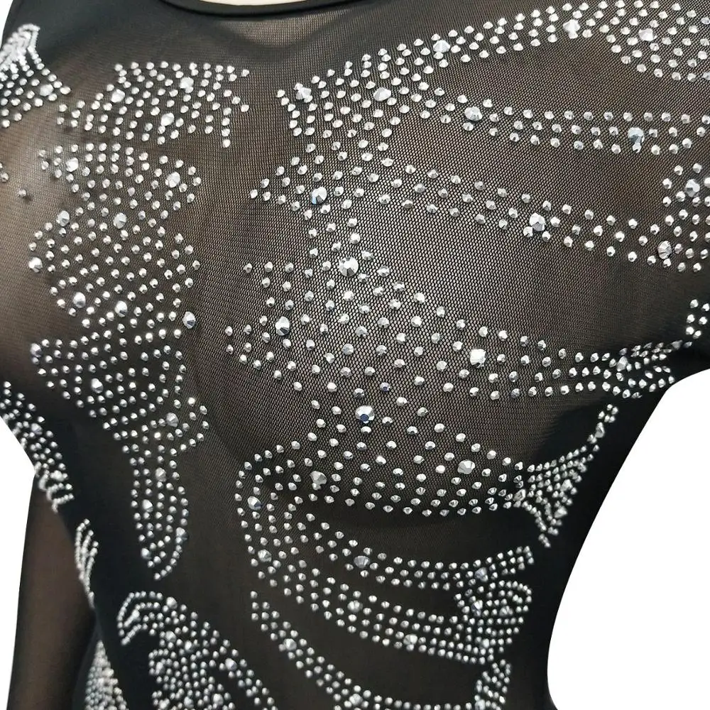 2019 женские черные сетчатые боди с О-образным вырезом и длинным рукавом из двух