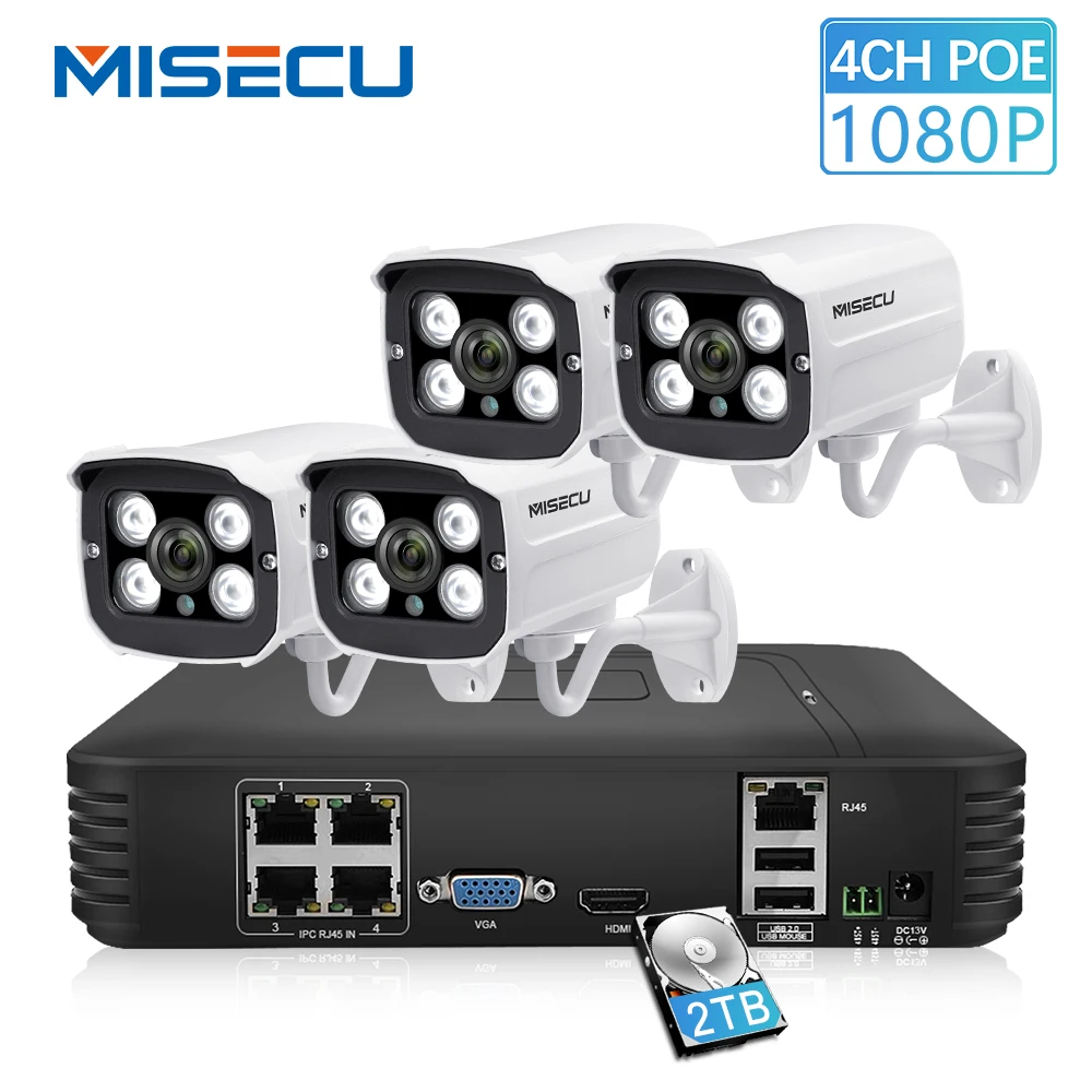 MISECU Full HD 1080P 4-канальная система видеонаблюдения 4 шт. 2MP металлическая уличная ip-камера 4CH 1080P POE NVR CCTV Комплект HDMI P2P Email Alarm xmeye