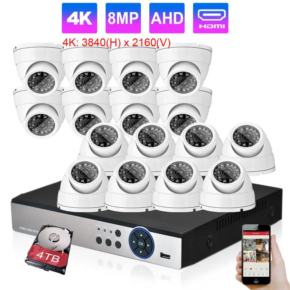 H.265 16CH 4K Ultra HD DVR система 8MP камера безопасности Система IP66 купольная внутренняя