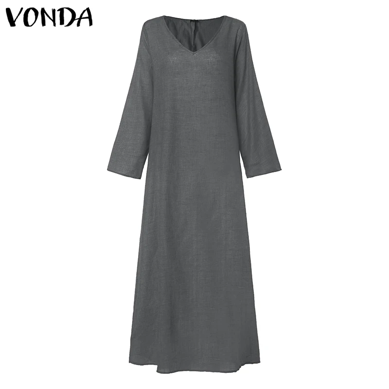 Grey VONDA женское богемное длинное платье макси, повседневное свободное пляжное платье с длинным рукавом, Осенние вечерние платья, винтажное платье для женщин размера плюс - Цвет: Grey