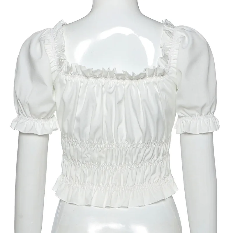 

2020 Summer Women's Collar Wooden Ear Puff Sleeve Navel Slim Pleated T-Shirt