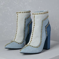 fashion blue denim studded ankle boots pointed toe patched chunky heel ridding boots golden rivets jeans short boots