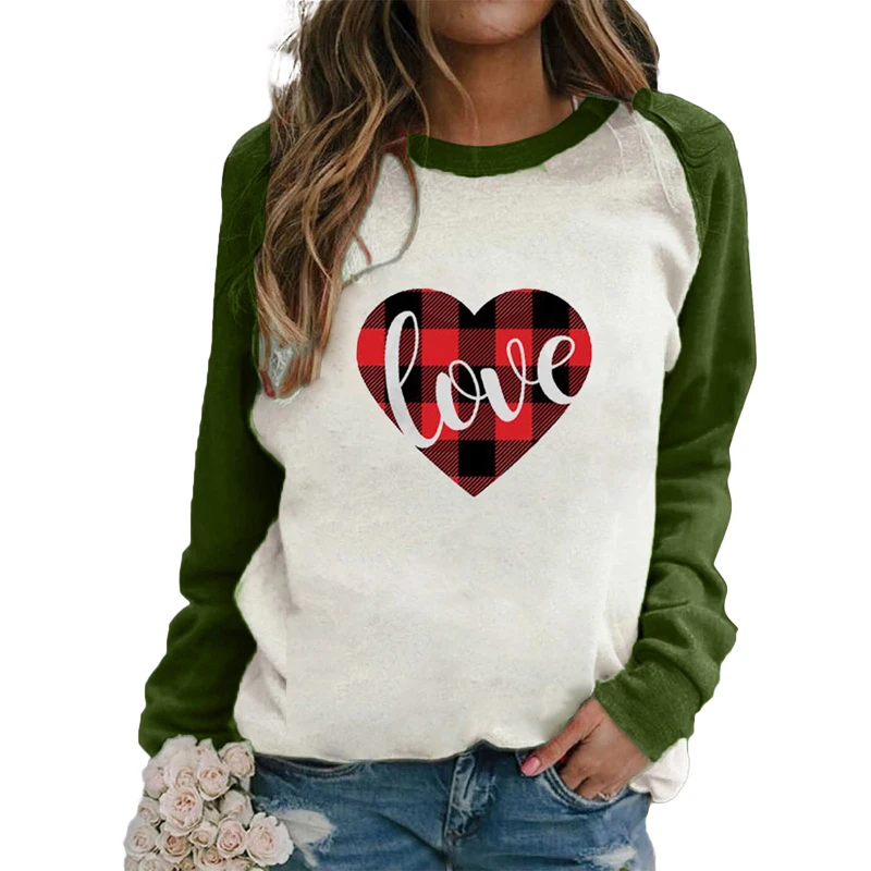 

Women Fall Jumper T-Shirt, Love Heart Print Patchwork Round-Neck Long Sleeve Pullover Tee Tops for Girls, Green/Red/Khaki