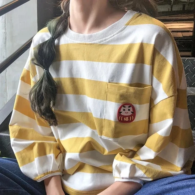 

Spring And Autumn New Korean Version Loose Students Long-Sleeved T-Shirt Girls Striped Nine-Point Sleeves Short Ins Top Clothes